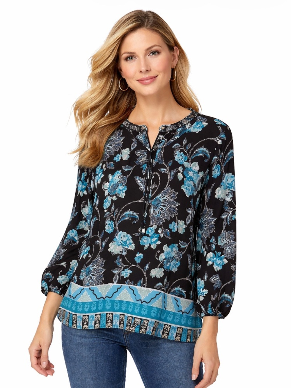 JM Collection Floral Blouse in Black and Blue